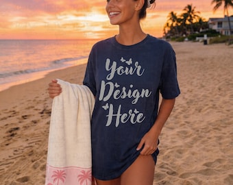 Comfort Colors C1717 Real Navy Mockup, Beach Sunset Tee Photo, Coastal Lifestyle Shirt Mockup, Girls Vacation T-Shirt Mockup C1717