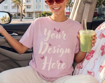 Comfort Colors C1717 Blossom Mockup, Coastal Car Tee Photo, Summer Matcha Girl Aesthetic Shirt Mockup, Lifestyle T-Shirt Image