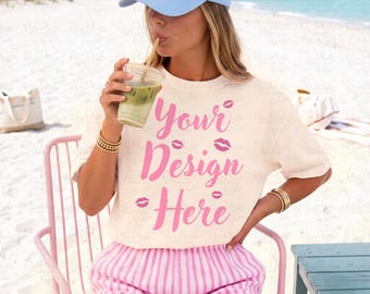 Beach T-Shirt Comfort Colors Mockup C1771 Ivory, Summer Vacation Mockup, Girls Trip Shirt Mockup, Bachelorette Lifestyle, Matcha Tee Mockup