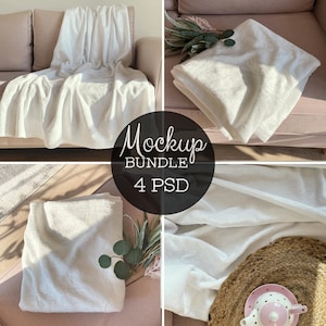 Puede incluir: Un paquete de maqueta de cuatro mantas blancas, mostradas en diferentes entornos. Las mantas son suaves y esponjosas, perfectas para agregar un toque de comodidad a cualquier habitación.