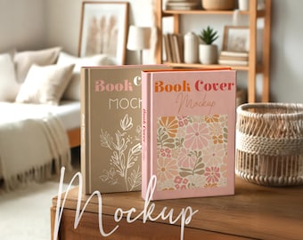 Realistic Boho Book Cover Mockup with Two Hardcover Books in Cozy Bedroom Scene, PSD Smart Object, Binding Spine Notebook Mockup
