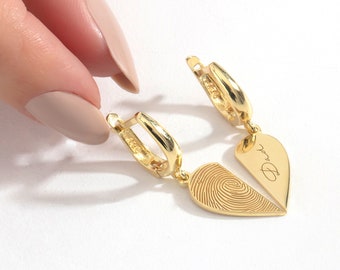 Personalized 925 Silver Half-Heart Earring: Fingerprint Name Dangle