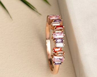 Baguette Emerald Sterling Silver Eternity Ring - Rainbow Gemstone Band