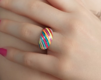 Enamel Rainbow Ring: 925 Silver or 14K Gold Heart Design