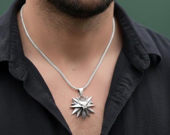 Witcher Wolf Medallion Silver Necklace, Geralt of Rivia Jewelry, Men's Necklace, Gamer Gift