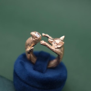 Rävring med Ädelstenssvans | Guld, Roséguld & Silver Justerbar Ring | Kubisk Zirkonia Djursmycken | Rävälskare Present