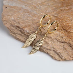 Minimalist Silver Feather Earrings, 925 Sterling Dangle Leaf Hoop Earrings, Bird Feather Jewelry, Boho Style Huggie Hoops, Gift for Her