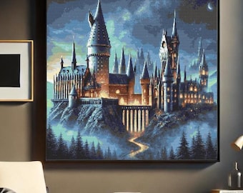 May include: A painting of Hogwarts castle, a large, imposing structure with many towers and windows, set against a dark blue sky with a few stars. The castle is lit up with warm yellow lights, and there is a path leading up to it through a forest.
