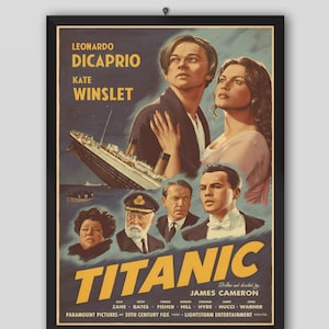 タイタニック 1997 映画ポスター。ジェームズ・キャメロン映画。レオナルド・ディカプリオ、ケイト・ウィンスレット、ビリー・ゼイン。映画ポスター。ビンテージ ポスター。印刷可能。