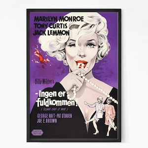 Ingen Er Fuldkommen 1959 Movie Poster. Some Like It Hot, Marilyn Monroe, Tony Curtis, Jack Lemmon. Movie Poster, Vintage Poster.