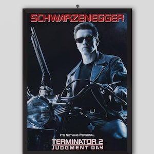 1991年『ターミネーター2』ヴィンテージ映画ポスター。ジェームズ・キャメロン監督作品。アーノルド・シュワルツェネッガー、リンダ・ハミルトン、エドワード・ファーロング出演。印刷可能