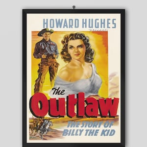 Affiche de film Le hors-la-loi de 1943.  Film d&#39;Howard Hughes et Howard Hawks. Jack Buetel, Thomas Mitchell, Jane Russell. Affiche de film.