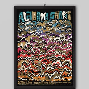 Cartaz do show do Alabama Shakes 2015 ACL ao vivo no Moody Theatre. Brittany Howard, Zac Cockrell, Heath Fogg. Cartaz musical. Cartaz vintage.