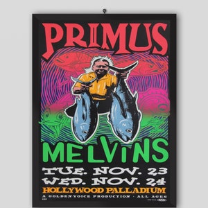 Primus 1993 Hollywood USA Vintage Concert Poster. Les Claypool, Larry LaLonde. Plakat muzyczny. Vintage Poster. Plakat koncertowy. Do druku.