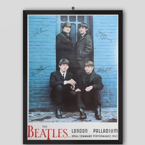 Pôster musical vintage do London Palladium Royal Command de 1984 dos Beatles. John Lennon, Paul McCartney, George Harrison. Pôster vintage.
