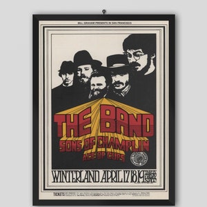 Póster vintage del concierto de The Band en S.F. Winterland, 1969. Rick Danko, Garth Hudson, Richard Manuel. Banda canadiense de rock. Póster musical. Imprimible.