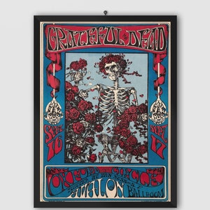 Póster vintage del concierto de Grateful Dead de 1966, Skeleton & Roses, San Francisco. Póster musical. Póster vintage. Póster de concierto. Imprimible.