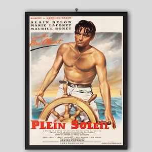 Póster de película vintage Plein Soleil de 1960. Película René Clément. Alain Delon, Maurice Ronet, Marie Laforêt. Cartel de película, cartel vintage.