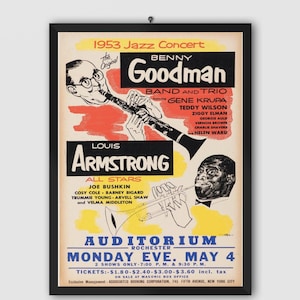 Louis Armstrong, Benny Goodman, 1953, Rochester, NY, pôster de show vintage. Pôster musical. Pôster vintage. Pôster de show. Para impressão.