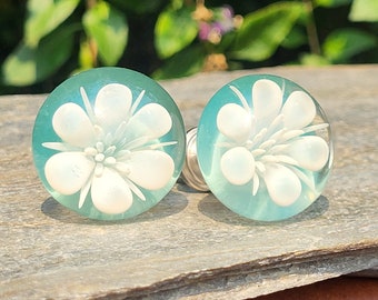 Set of TWO Sm size Silver Fumed Flower Glass Knobs-Blown Glass Smaller Antique size