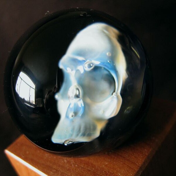 Phantom Skull Glass Marble w/ wooden stand- Lampwork contemporary marble