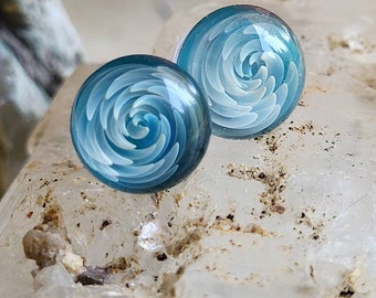 Ocean Swirls Teal Vortex Blown Glass Stud Earrings