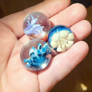 Peut inclure: Trois billes de verre transparentes avec des motifs floraux. L'une présente une fleur bleue et blanche, une autre un motif floral bleu et la troisième un motif bleu et blanc. Les billes sont tenues dans une main.