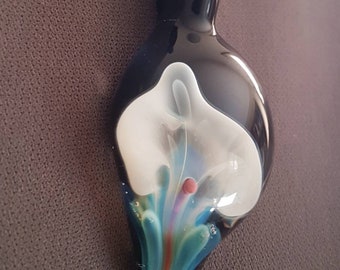 Silver Fumed Calla Lily Lampwork Pendant- Blown Glass Necklace