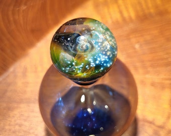 Blown Glass Perfume Bottle with Galaxy Marble Topper and stem