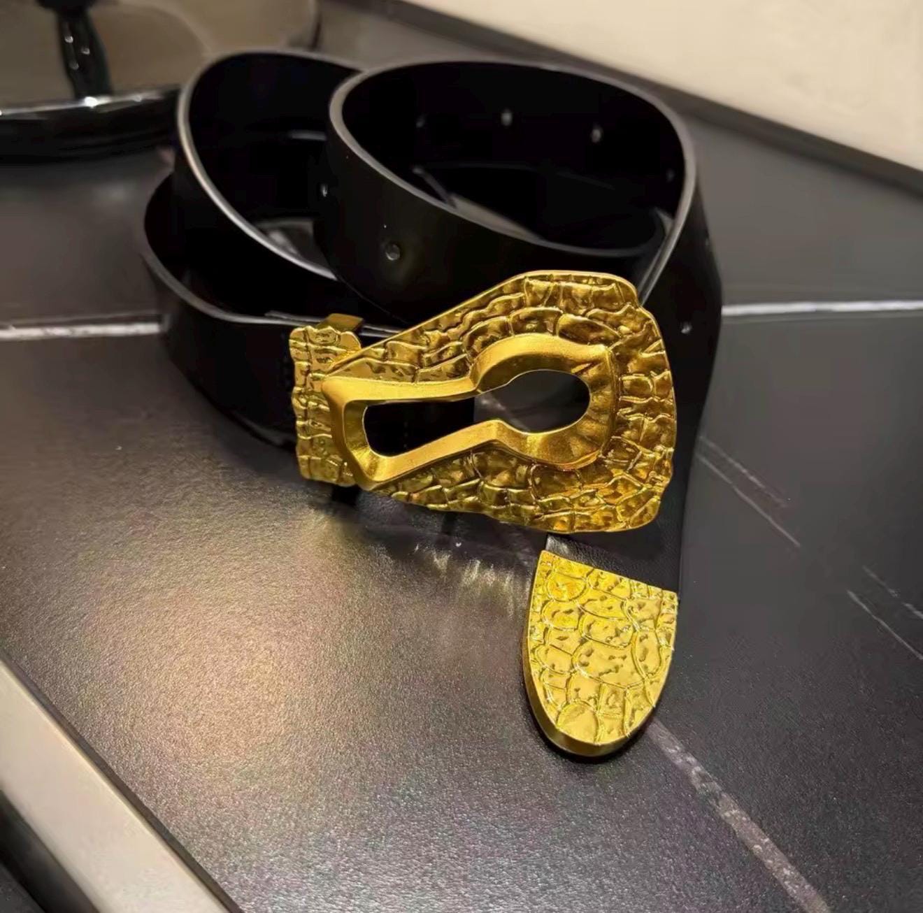 Schiaparelli Inspired Gold Buckle Black Leather Belt TRIPLE WESTERN BELT main image 2