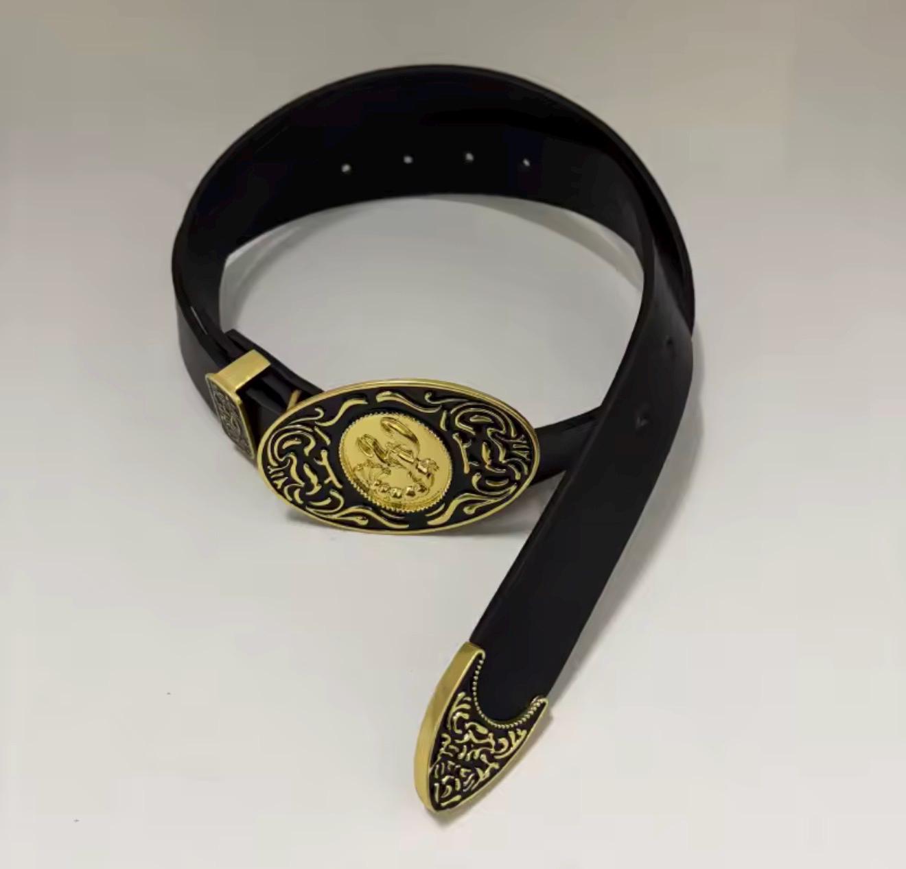 Schiaparelli Inspired Gold Buckle Black Leather Belt TRIPLE WESTERN BELT main image 3