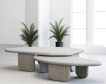 Moderne massief houten salontafel walnoot, witte salontafel, kleine ronde houten tafel, laag ontwerp uit het midden van de eeuw voor elegant, minimalistisch interieur