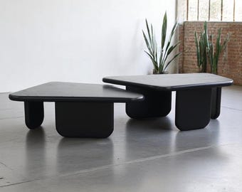 Black Coffee Table, Handmade Table, Small Round Wooden Mid-Century Low Profile Design for Cozy Living Room and Modern Minimalist Home Decor