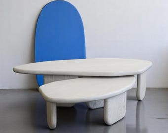 Minimalist White Coffee Table, Round Coffee Table, Handmade Small Table, Wooden Mid-Century Low Profile Table for Cozy Modern Living Room