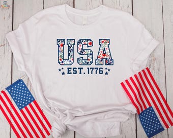 Floral USA Shirt, Patriotic American Flag Tee, Est 1776 Apparel