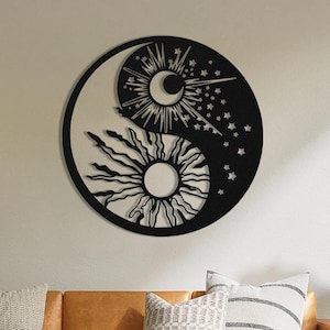 Moderne Yin Yang Metallwandkunst, Sonne und Mond Metallwanddekor, Tag oder Nacht Metallwanddekor, spirituelle Dekoration, Einweihungsgeschenk
