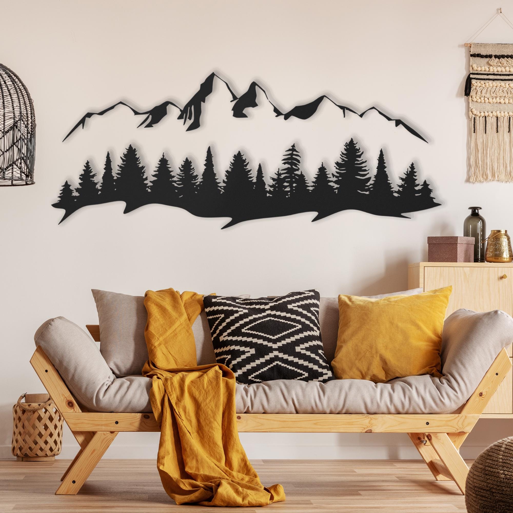 Putuo Decor Forest Mountain Wall Art Set Of 3 - Rustic MDF Cut-Out Panels With Bird & Tree Silhouettes