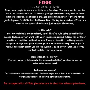 K&ouml;nnte beinhalten: Eine schwarz-wei&szlig;e FAQ-Seite mit dem Titel "FAQs" in gro&szlig;en wei&szlig;en Buchstaben. Die Seite enth&auml;lt Fragen und Antworten zu subliminalen Audiospuren, darunter wie schnell Ergebnisse zu sehen sind, Sicherheit, H&auml;ufigkeit des H&ouml;rens und ob Kopfh&ouml;rer erforderlich sind.