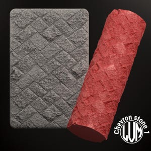 Op de afbeelding: Een rode rubberen roller met een chevron-patroon, gebruikt om een ​​getextureerd stenen effect op oppervlakken te creëren. De roller wordt getoond naast een voorbeeld van de textuur die hij creëert.