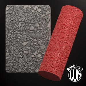 Könnte beinhalten: Nahaufnahme einer grauen und roten strukturierten Oberfläche mit zylindrischer Form. Die Oberfläche besteht aus kleinen, unregelmäßigen Materialstücken. Der Text "Rubble 1" ist in der unteren rechten Ecke des Bildes sichtbar.