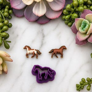 May include: Two miniature horse figurines, one brown and white, the other solid brown, sit above a purple horse-shaped cookie cutter. The items are arranged on a white marble surface, surrounded by green and purple succulents.