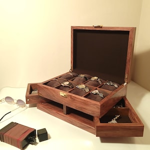 Scatola porta orologi in legno fatta a mano con cassetto per gioielli – Organizer rustico per orologi a 8 scomparti con fodera in velluto