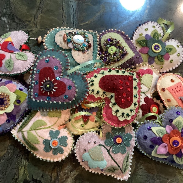 Hearts, felt heart, Christmas ornament, Home decoration, teacher gift, unique gift, OOAK ornament, OOAK gift,fiber art, heart love