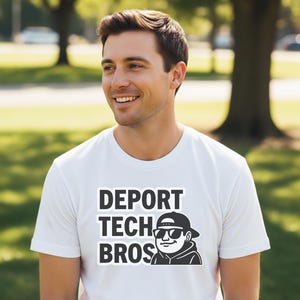 May include: White t-shirt featuring the text "DEPORT TECH BROS" and a graphic of a person in sunglasses and a cap. The background shows a park with trees and green grass.