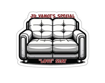 Puede incluir: Un sofá blanco con un texto rojo superpuesto que dice "JD Vance's Special "LOVE" Seat".
