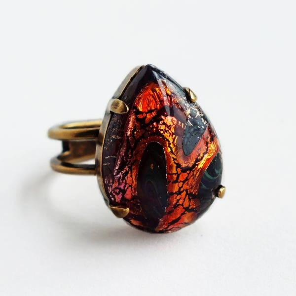 Red Art Glass Ring Vintage Glass Lava Ring Red Black Ring Foiled Lampwork Jewelry Rare Volcano Fire Ring