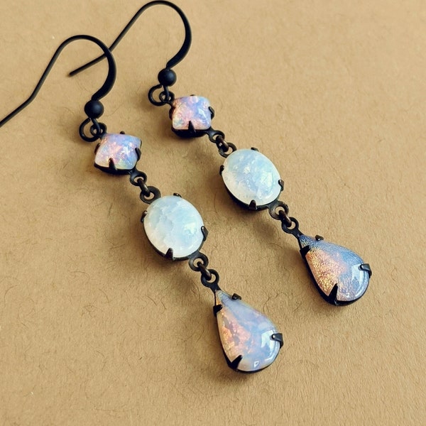 Victorian Glass Opal Earrings Vintage Glass Harlequin Fire Opal Dangle Earrings Glass Brass Pink Opal Jewelry Bridesmaid Gifts For Her