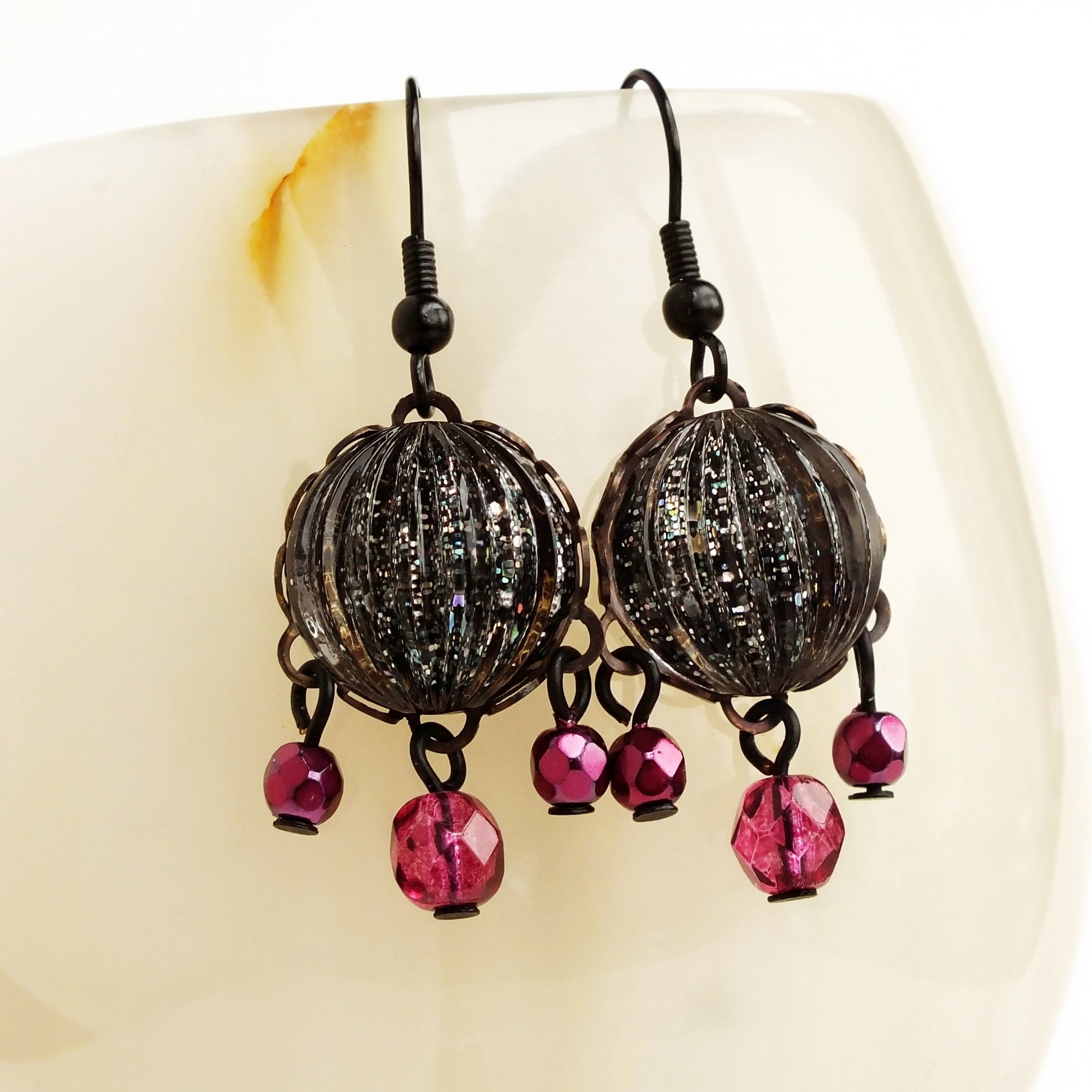 Black Galaxy Glitter Chandelier Earrings Small Pink Glass Black Galaxy Glitter Chandelier Earrings Small Pink Glass Nail Polish Jewelry