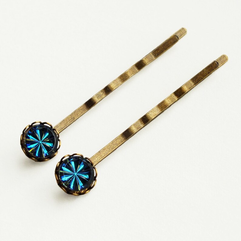 Blue Crystal Hair Pins Small Blue Green Glass Bobby Pins Etsy