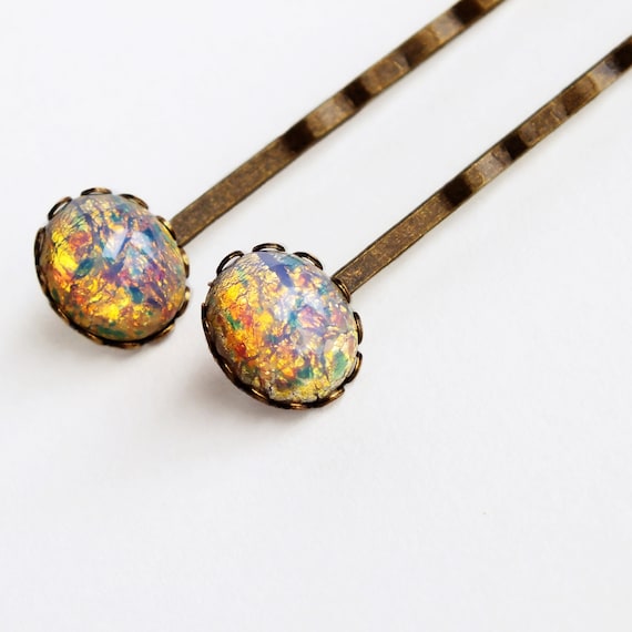 Glass Opal Hair Pins Pink Glass Bobby Pins Vintage Glass Fire Etsy